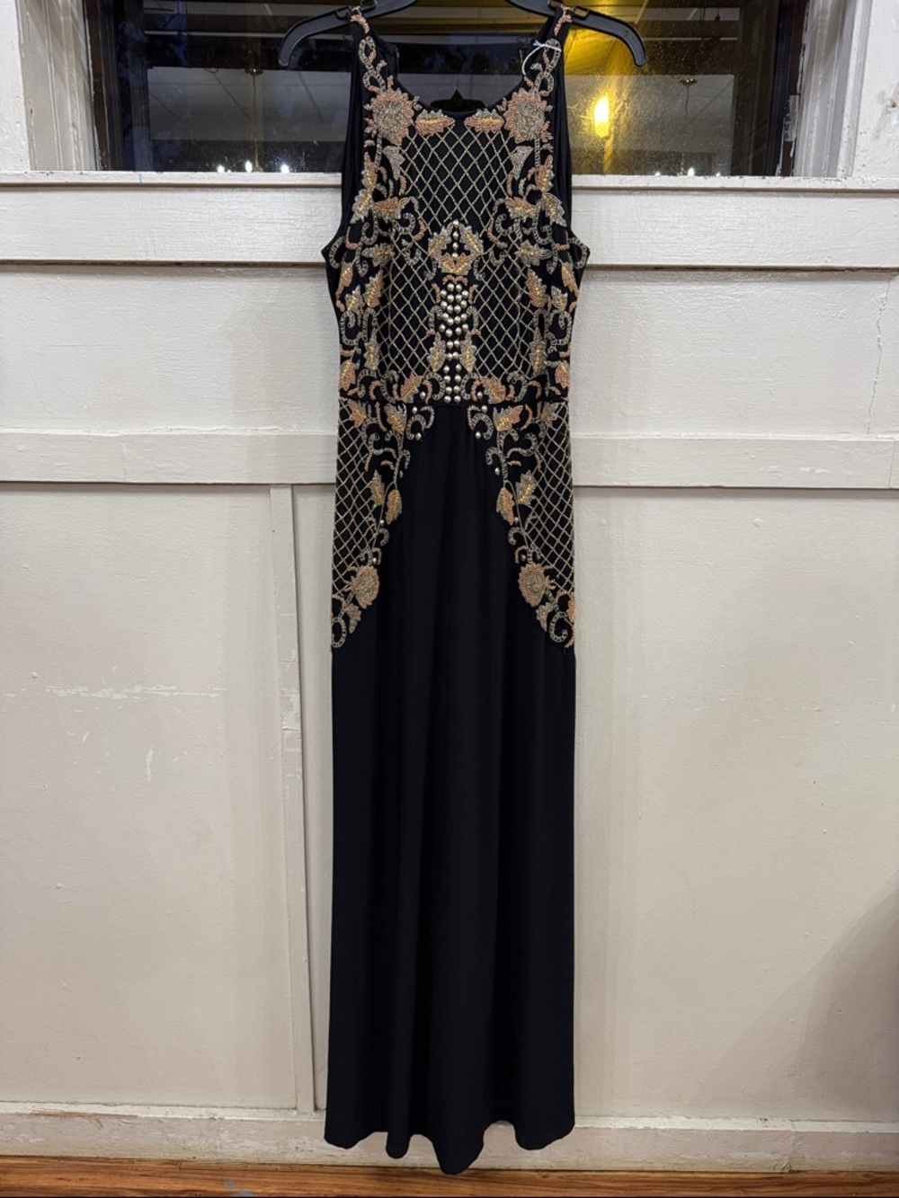 Adrianna Papell Black Maxi Dress with Gold Embellishment